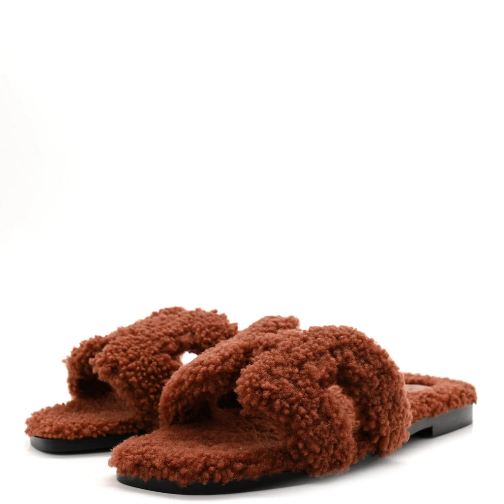 Hermes Brown Shearling Oran Sandals