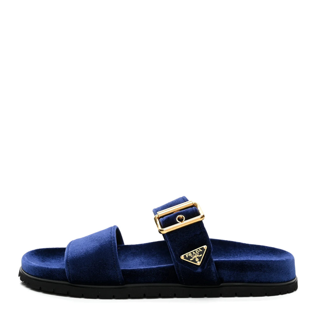 Prada Blue Velvet Buckle Slides
