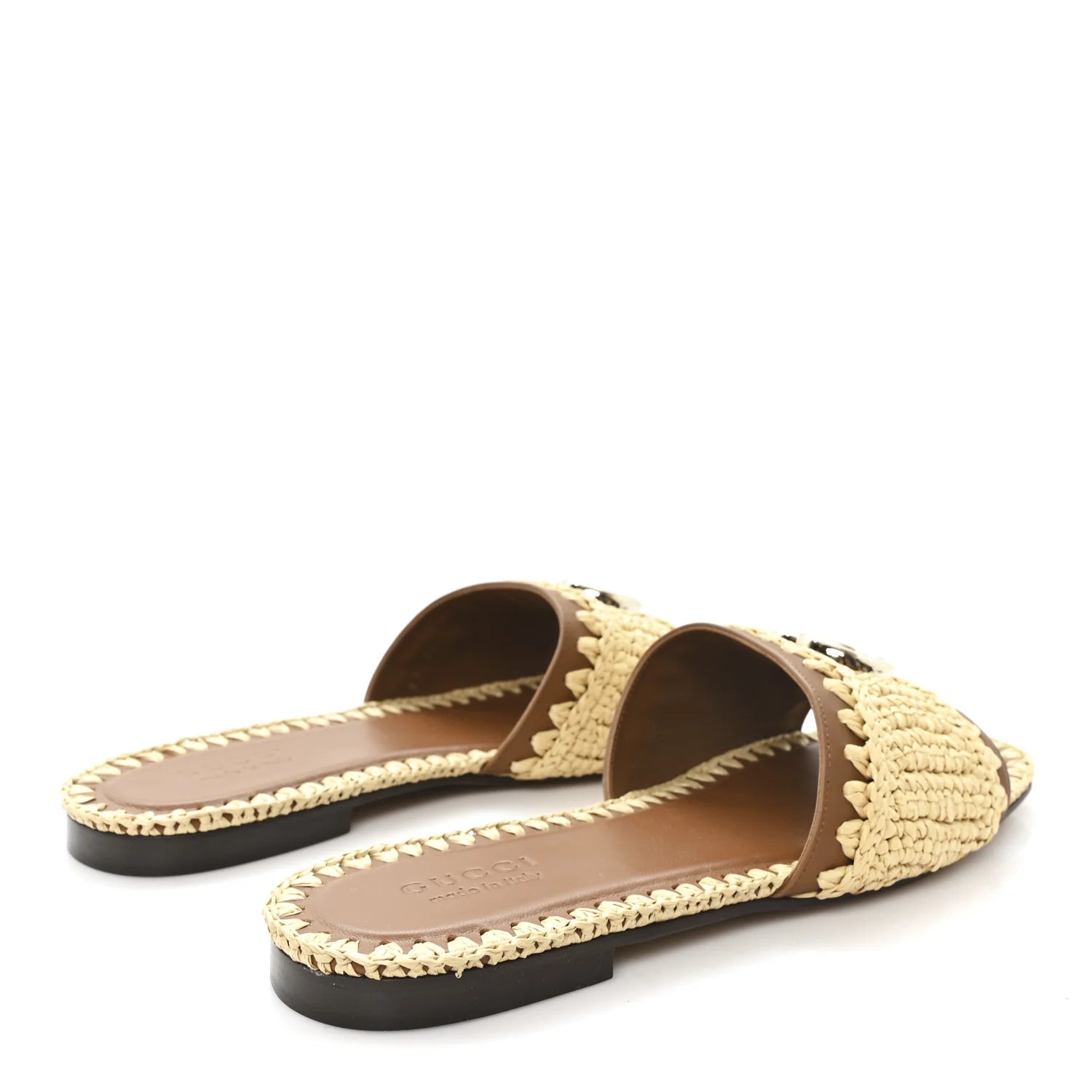 Gucci Brown Raffia Logo Slides