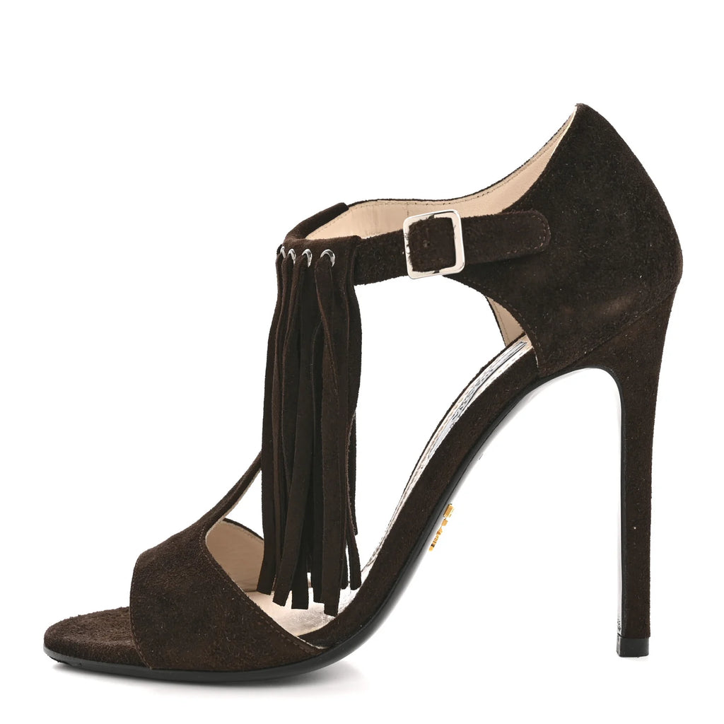 Prada Dark Brown Suede Fringe Sandals