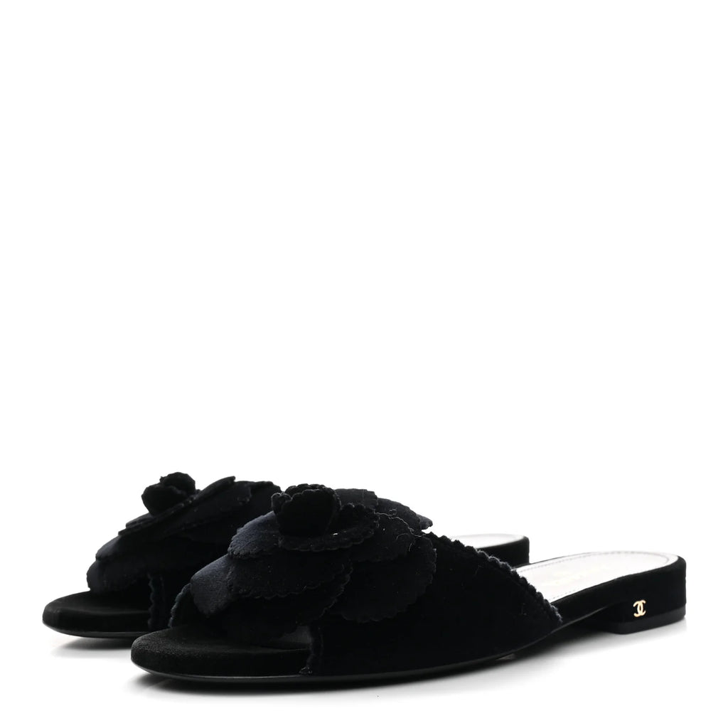 Chanel Black Velvet Camellia Slides