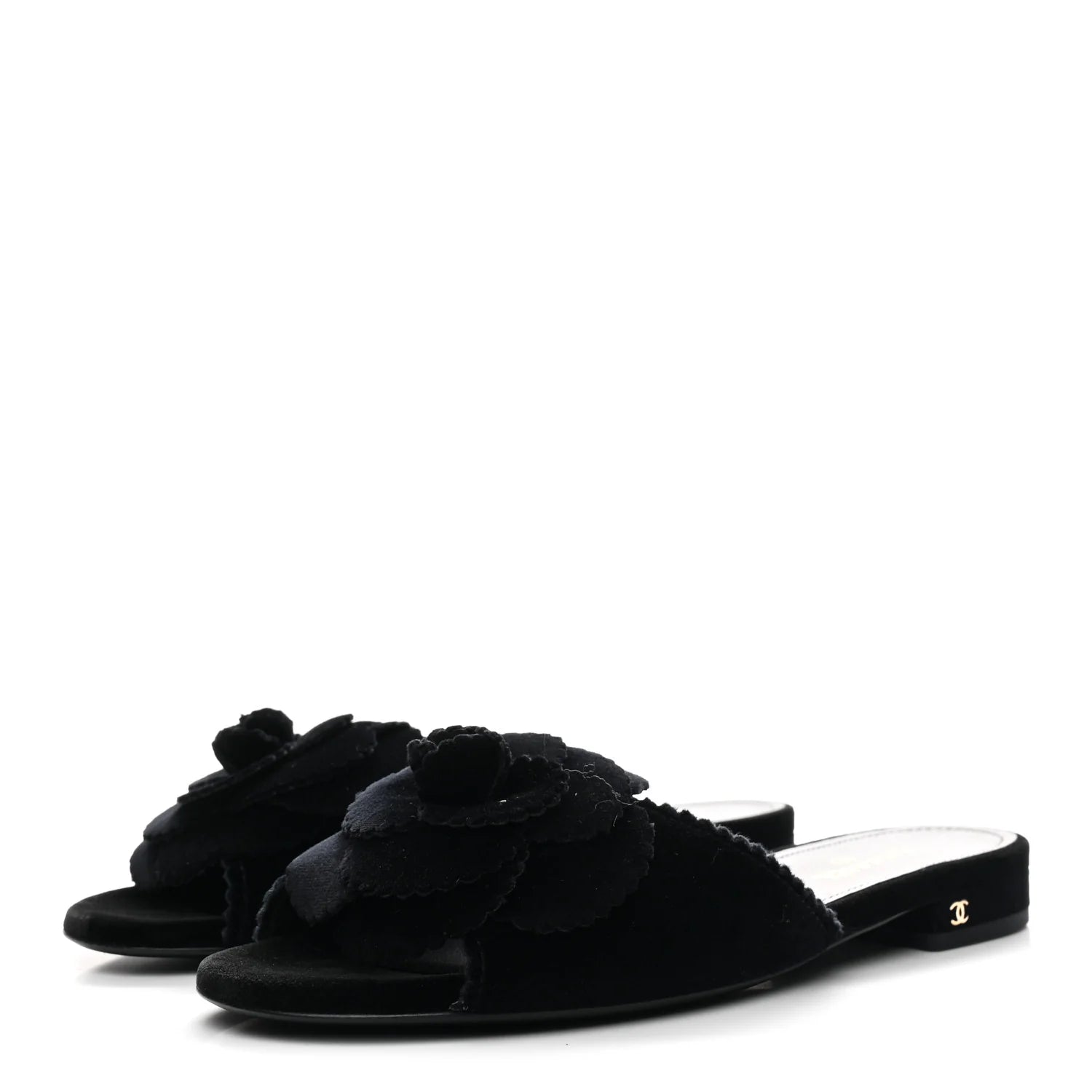 Chanel Black Velvet Camellia Slides