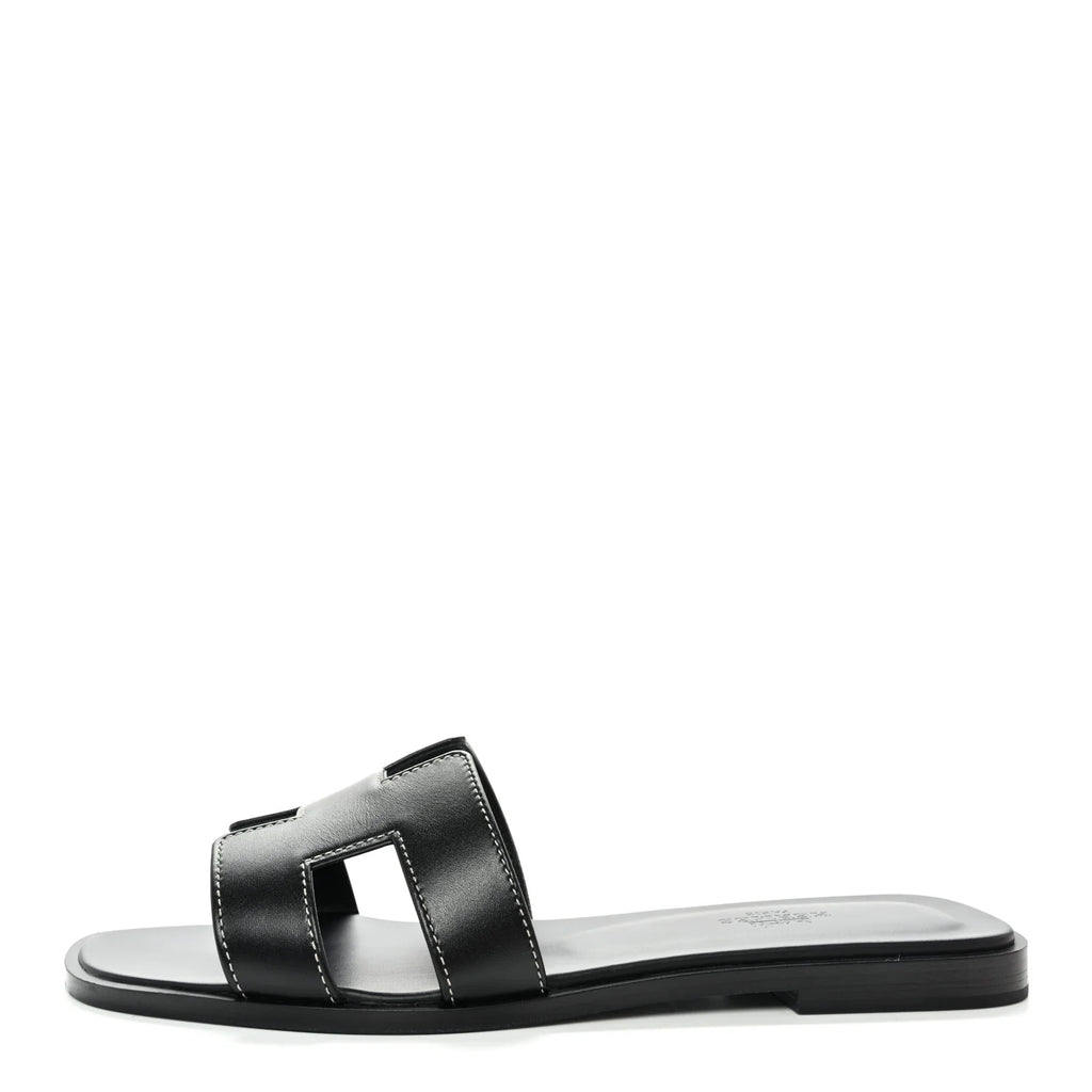 Hermes Black Leather Oran Sandals