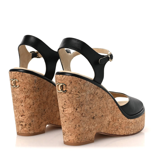 Chanel Black Leather Cork Wedges
