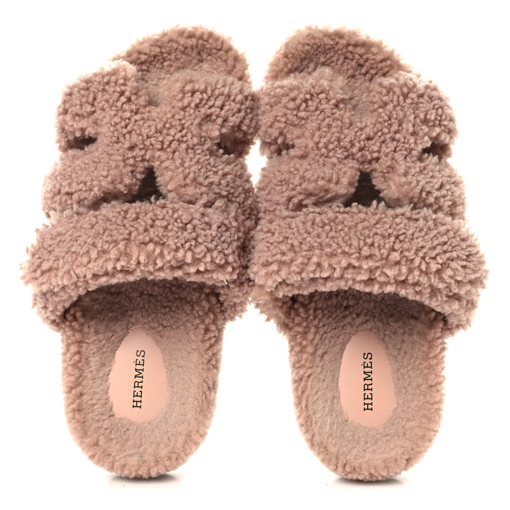 Hermes Pink Shearling Oran Sandals