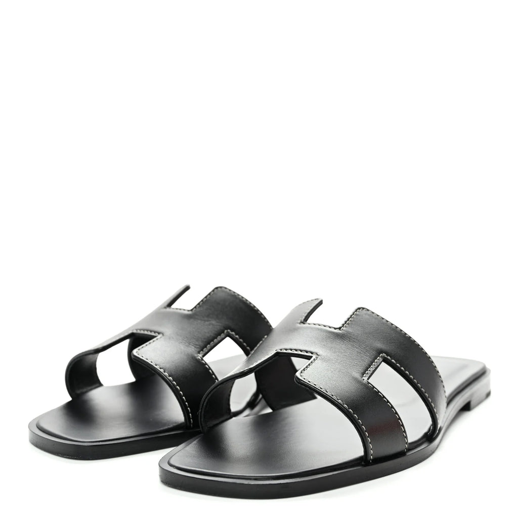 Hermes Black Leather Oran Sandals