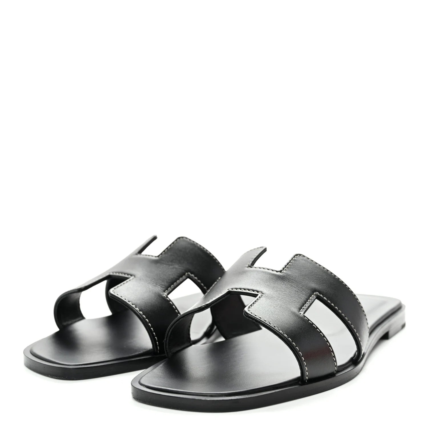 Hermes Black Leather Oran Sandals