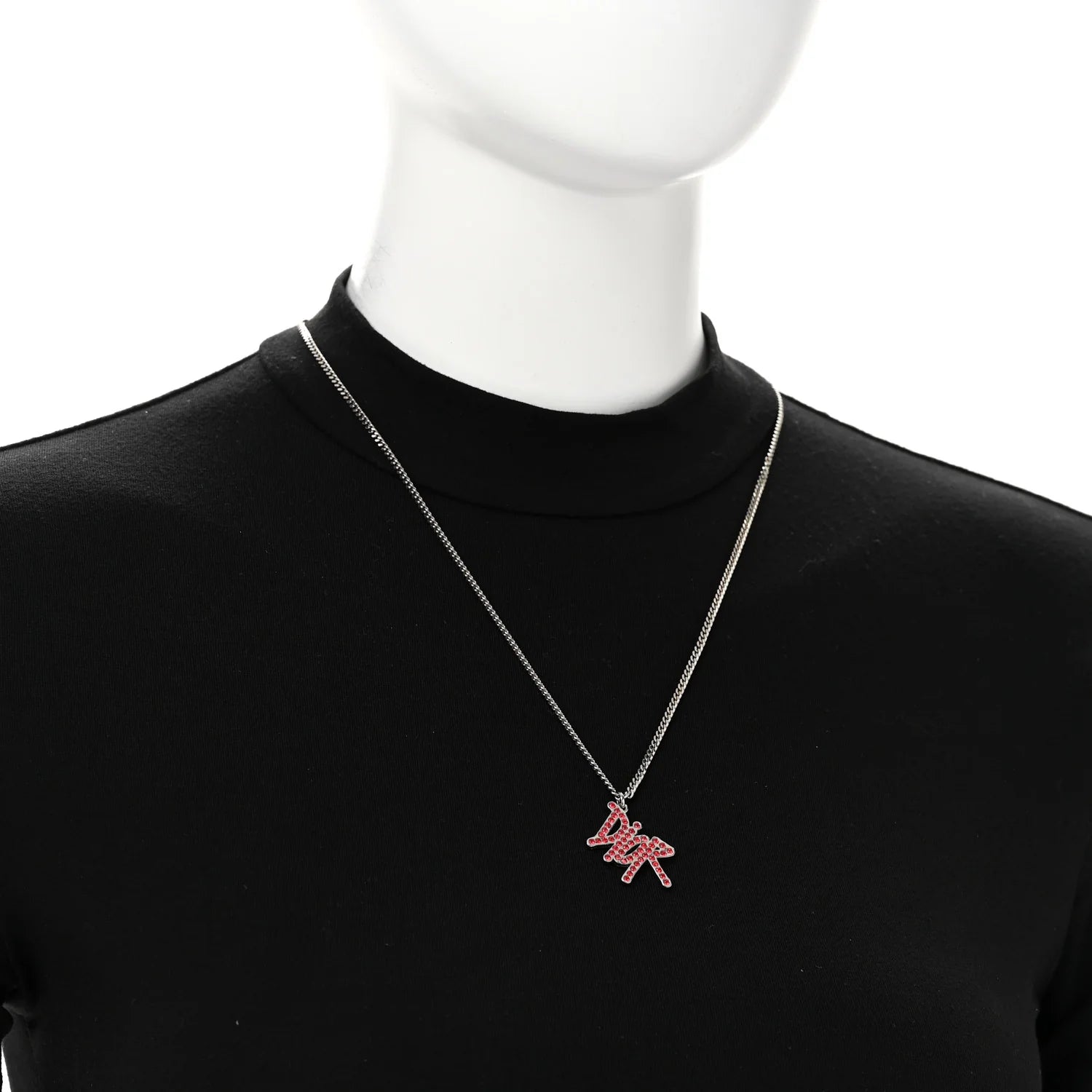 Dior Silver Red Crystal Logo Necklace