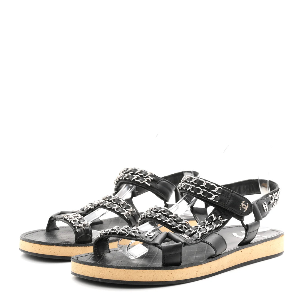 Chanel Black Leather Chain Sandals