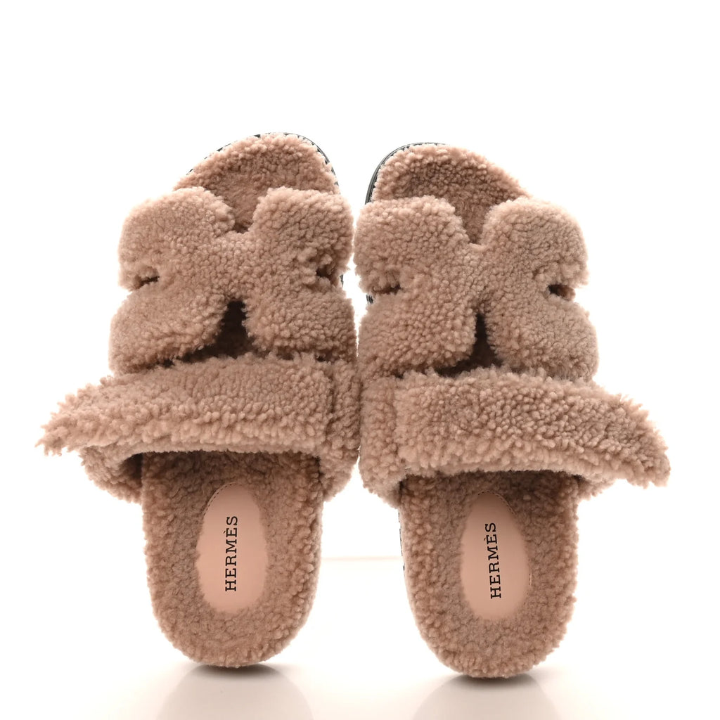 Hermes Pink Shearling Chypre Sandals