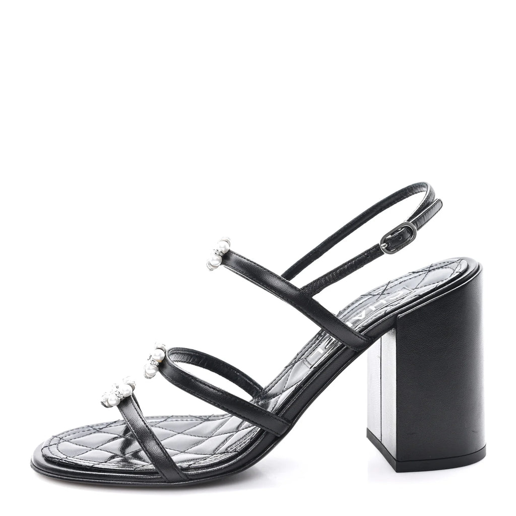 Chanel Black Leather Pearl Sandals