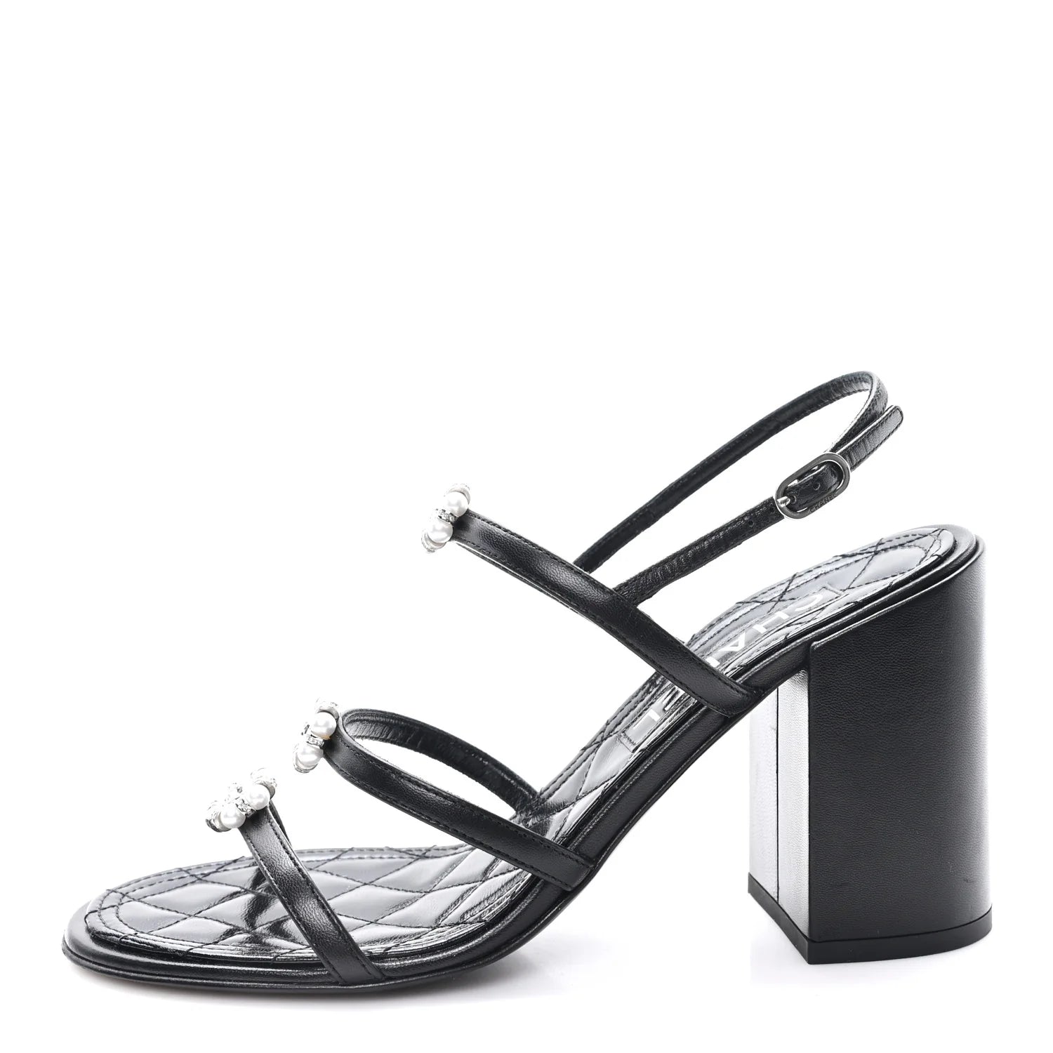 Chanel Black Leather Pearl Sandals