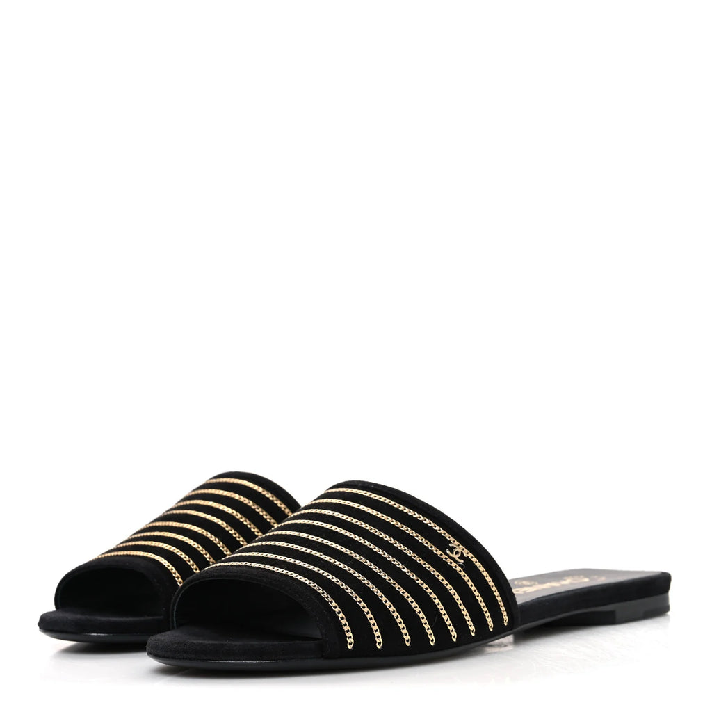 Chanel Black Suede Chain Slides