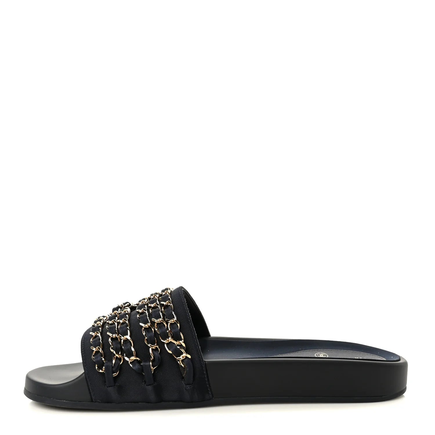Chanel Black Fabric Chain Slides