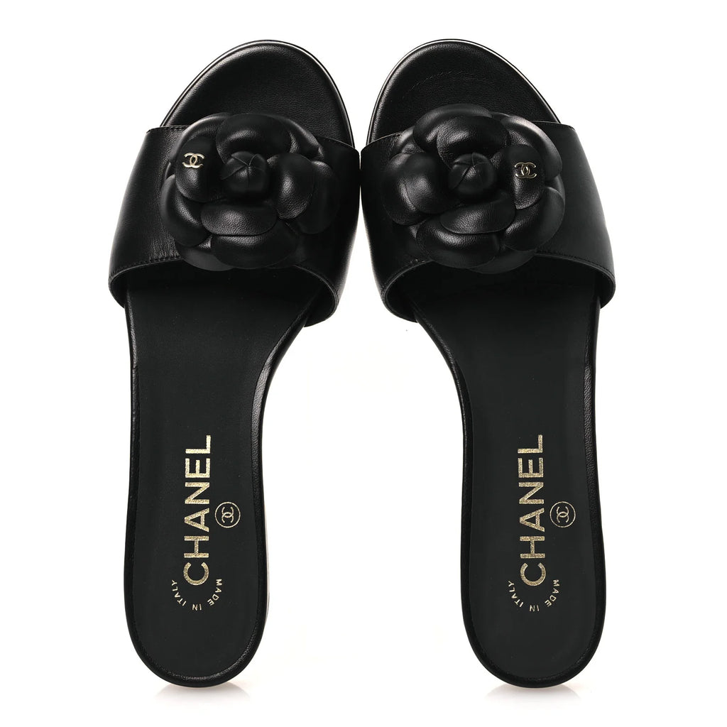 Chanel Black Leather Camellia Sandals