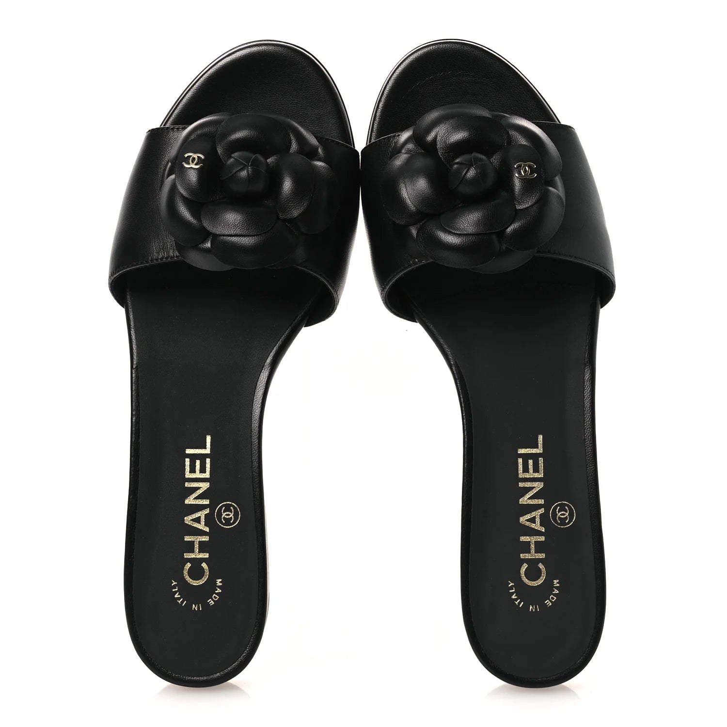 Chanel Black Leather Camellia Sandals