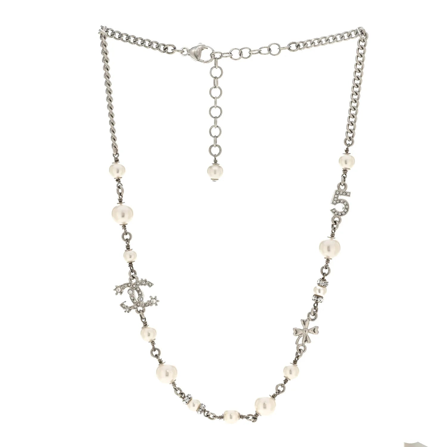Chanel Silver Pearl Crystal Necklace