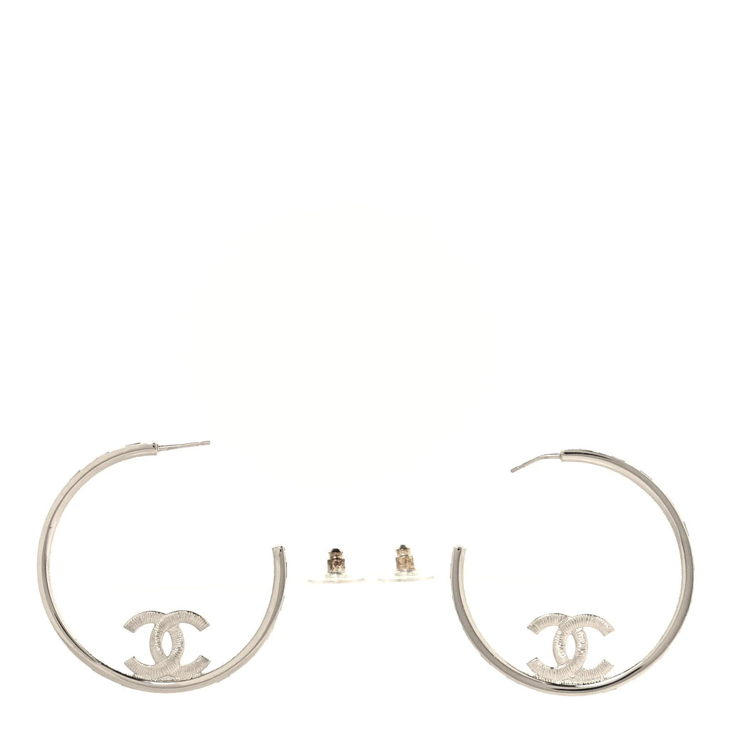 Chanel Silver Crystal CC Hoop Earrings