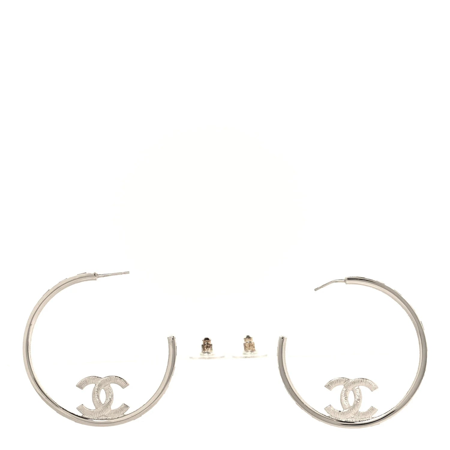 Chanel Silver Crystal CC Hoop Earrings