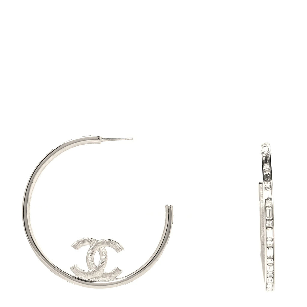 Chanel Silver Crystal CC Hoop Earrings