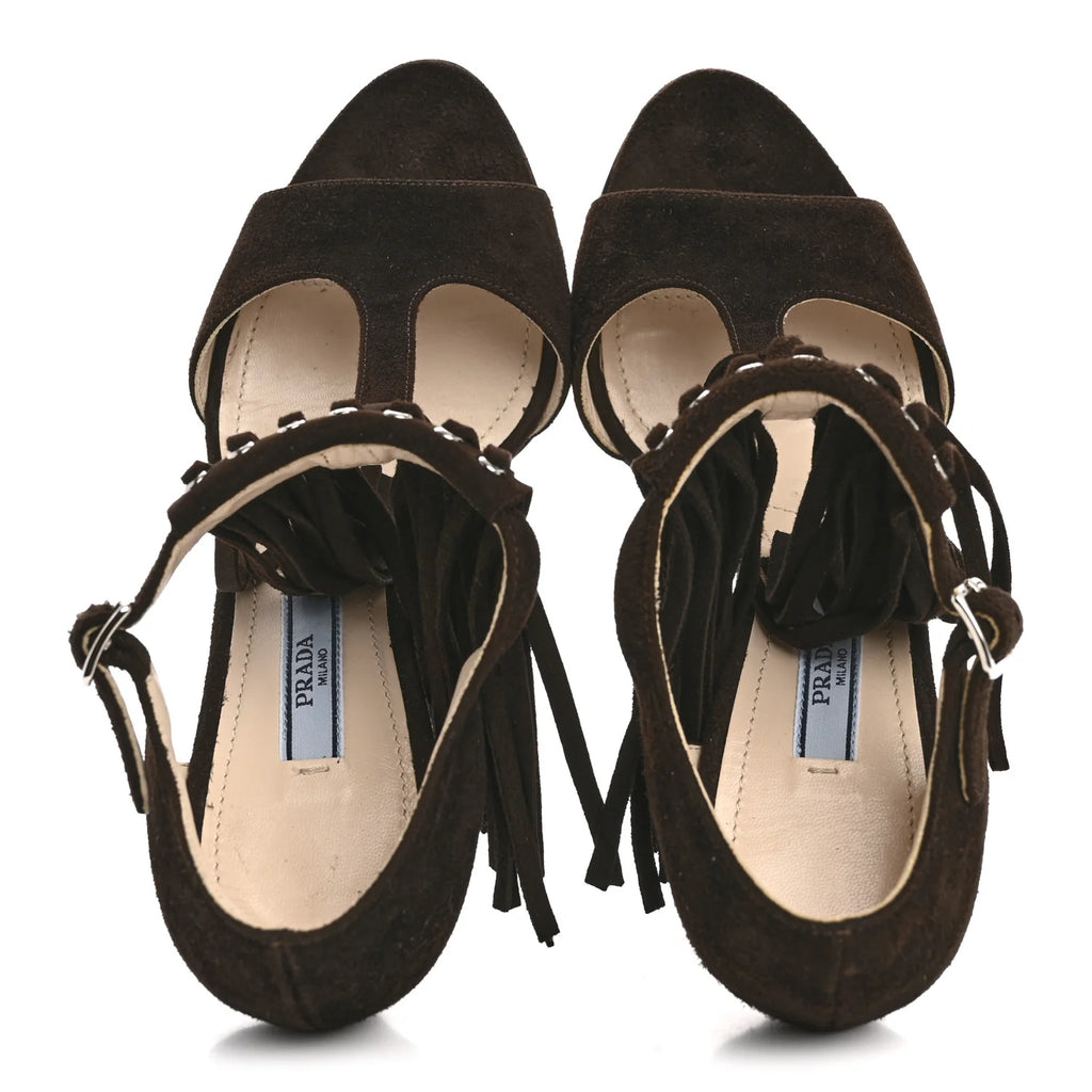 Prada Dark Brown Suede Fringe Sandals