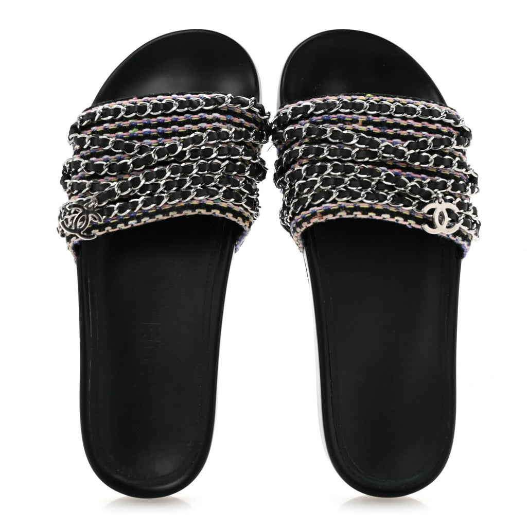 Chanel Multicolor Tweed Chain Slides