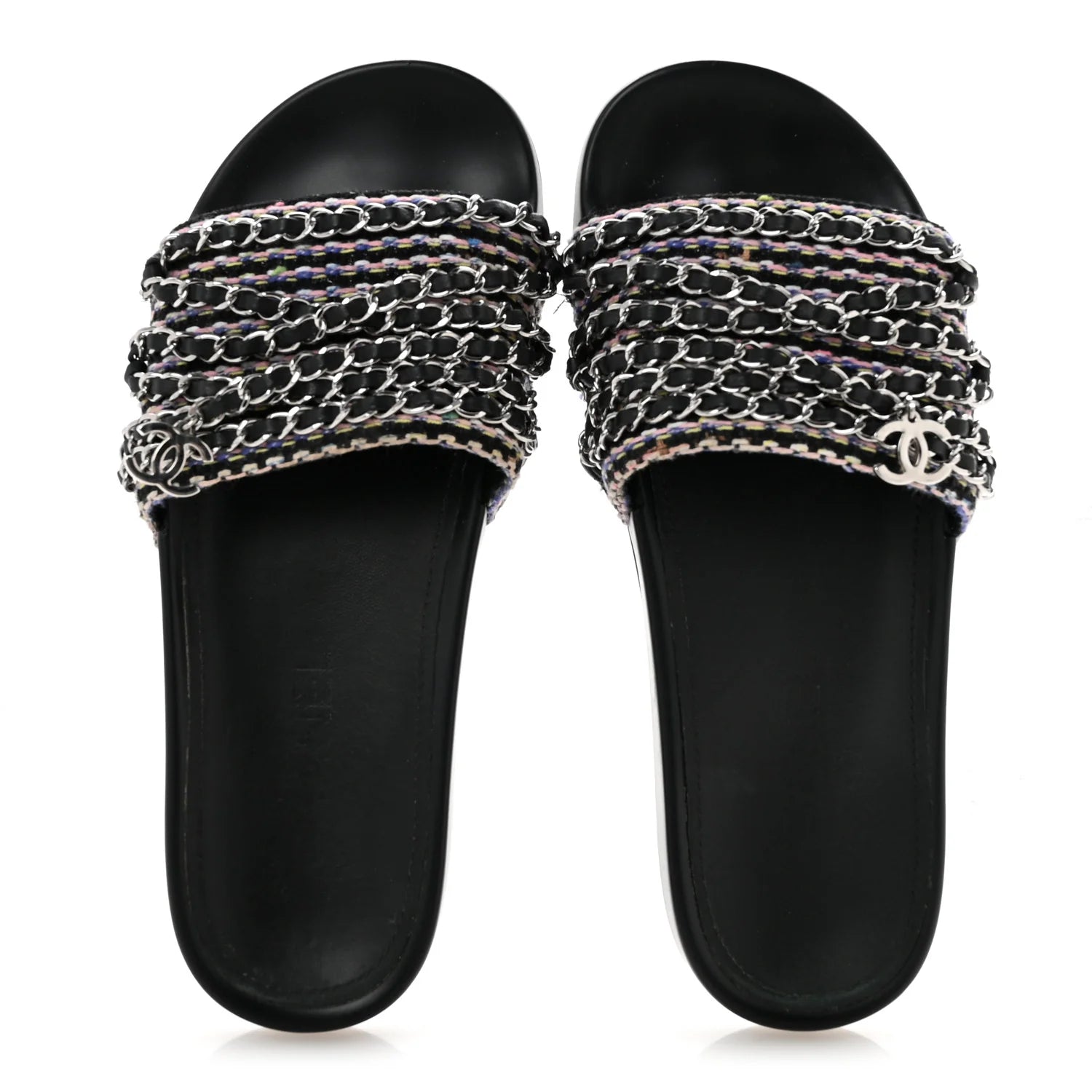 Chanel Multicolor Tweed Chain Slides