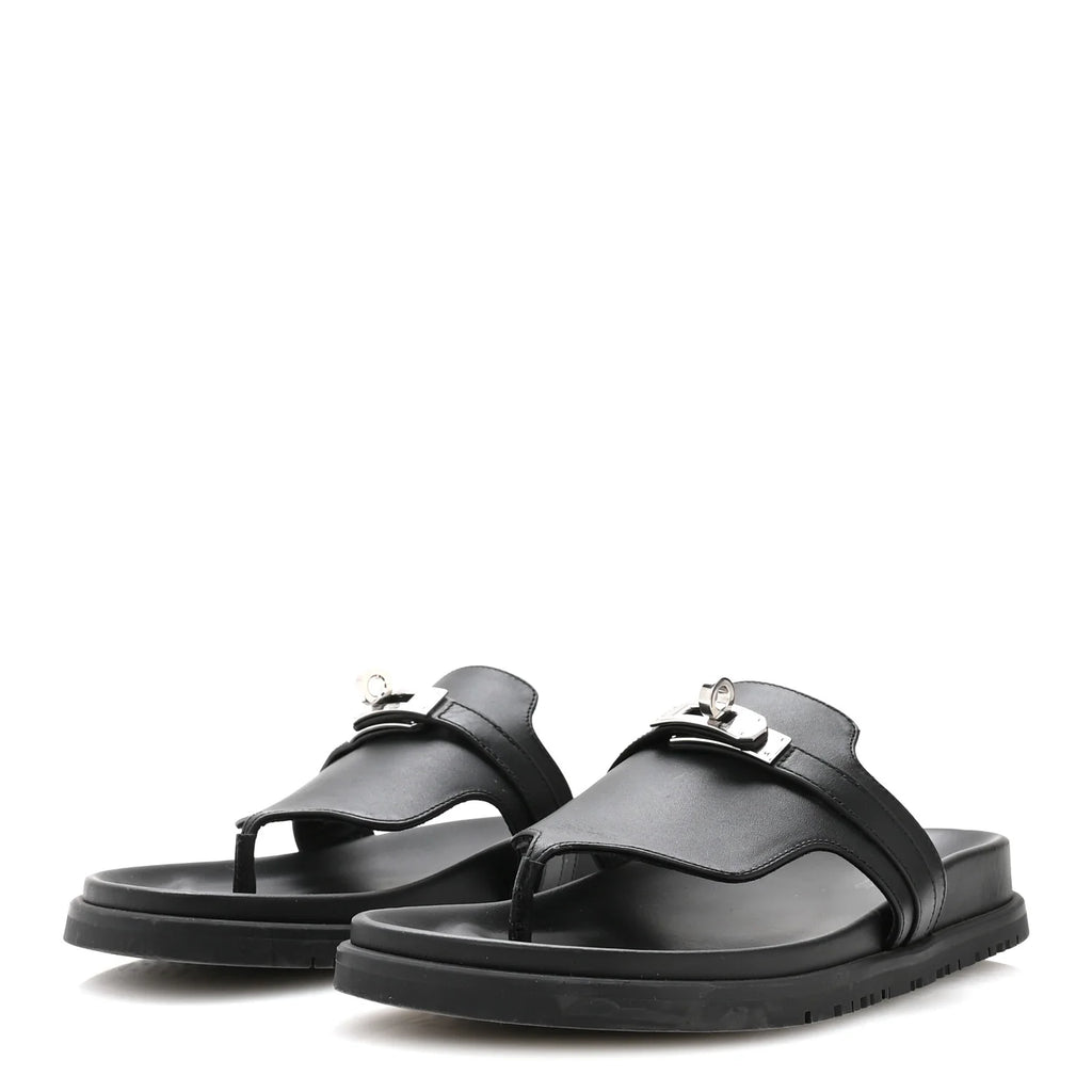 Hermes Black Leather Empire Sandals