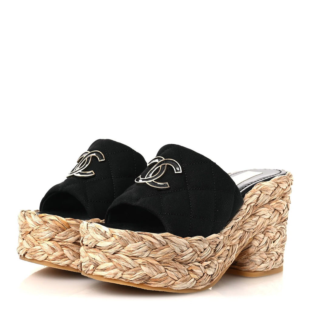 Chanel Black Quilted Raffia Platform
