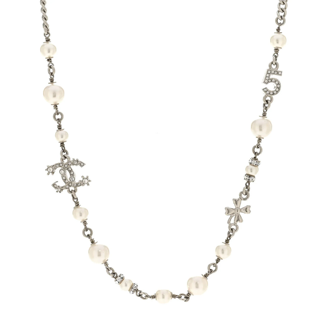 Chanel Silver Pearl Crystal Necklace