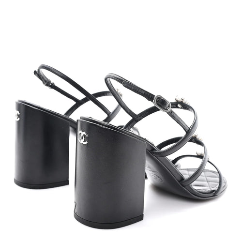 Chanel Black Leather Pearl Sandals