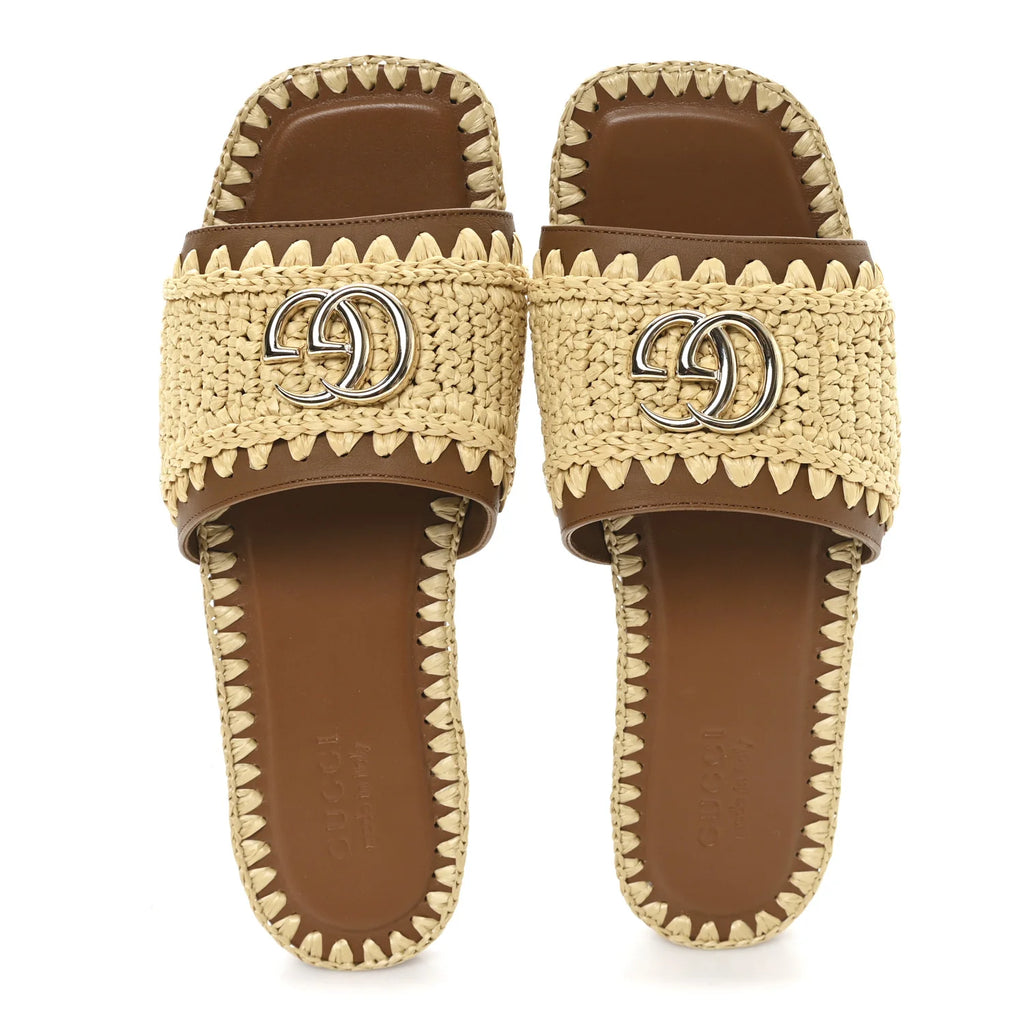 Gucci Brown Raffia Logo Slides