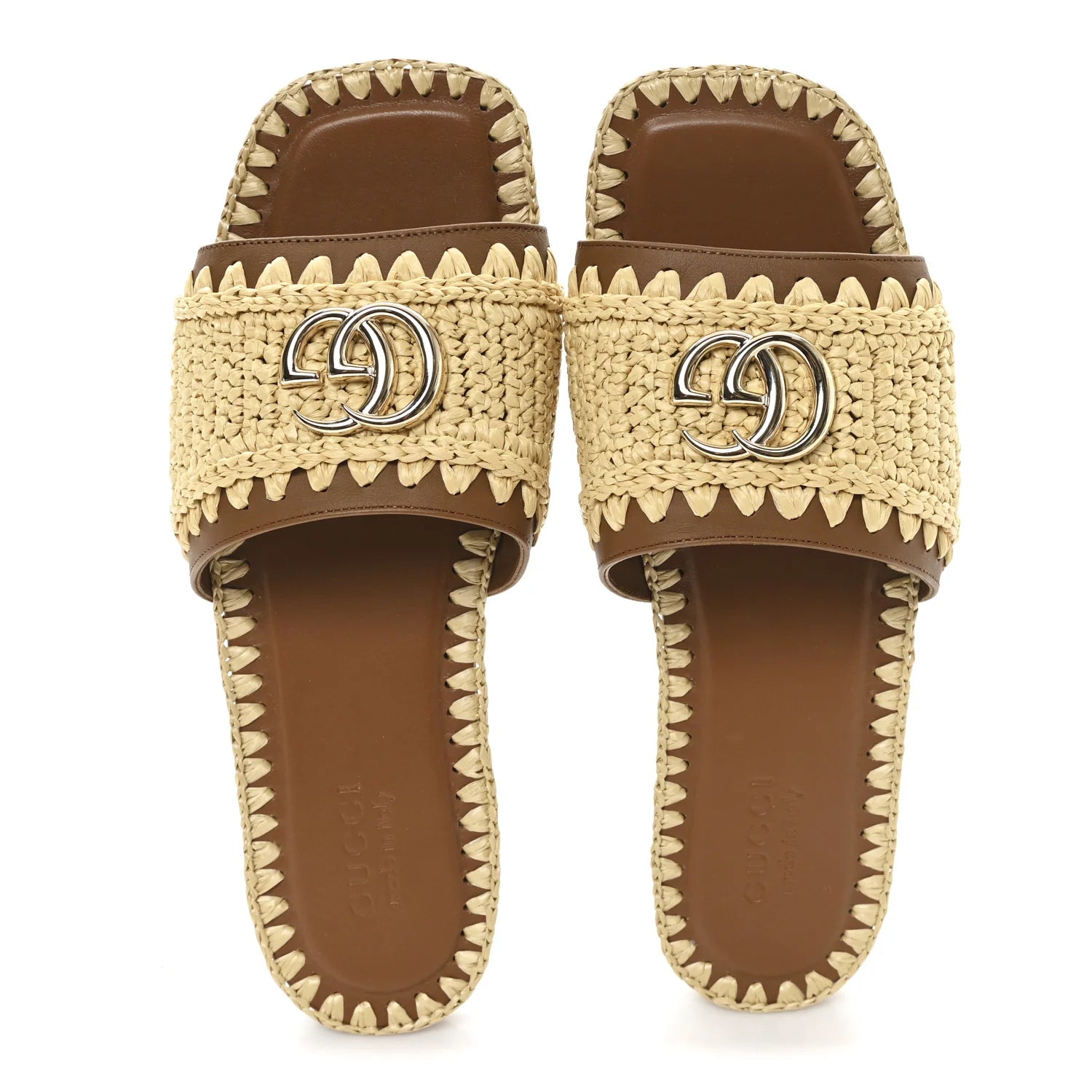 Gucci Brown Raffia Logo Slides