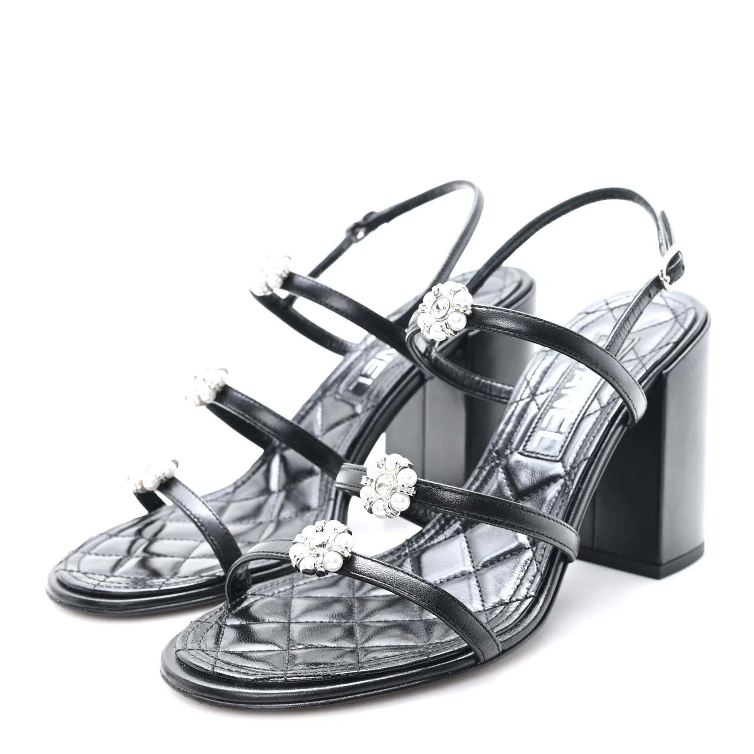 Chanel Black Leather Pearl Sandals