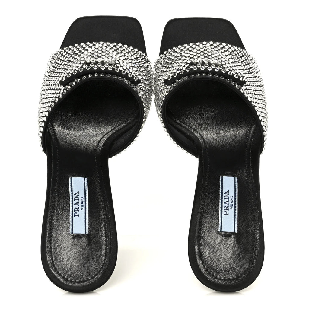 Prada Black Crystal Satin Mules