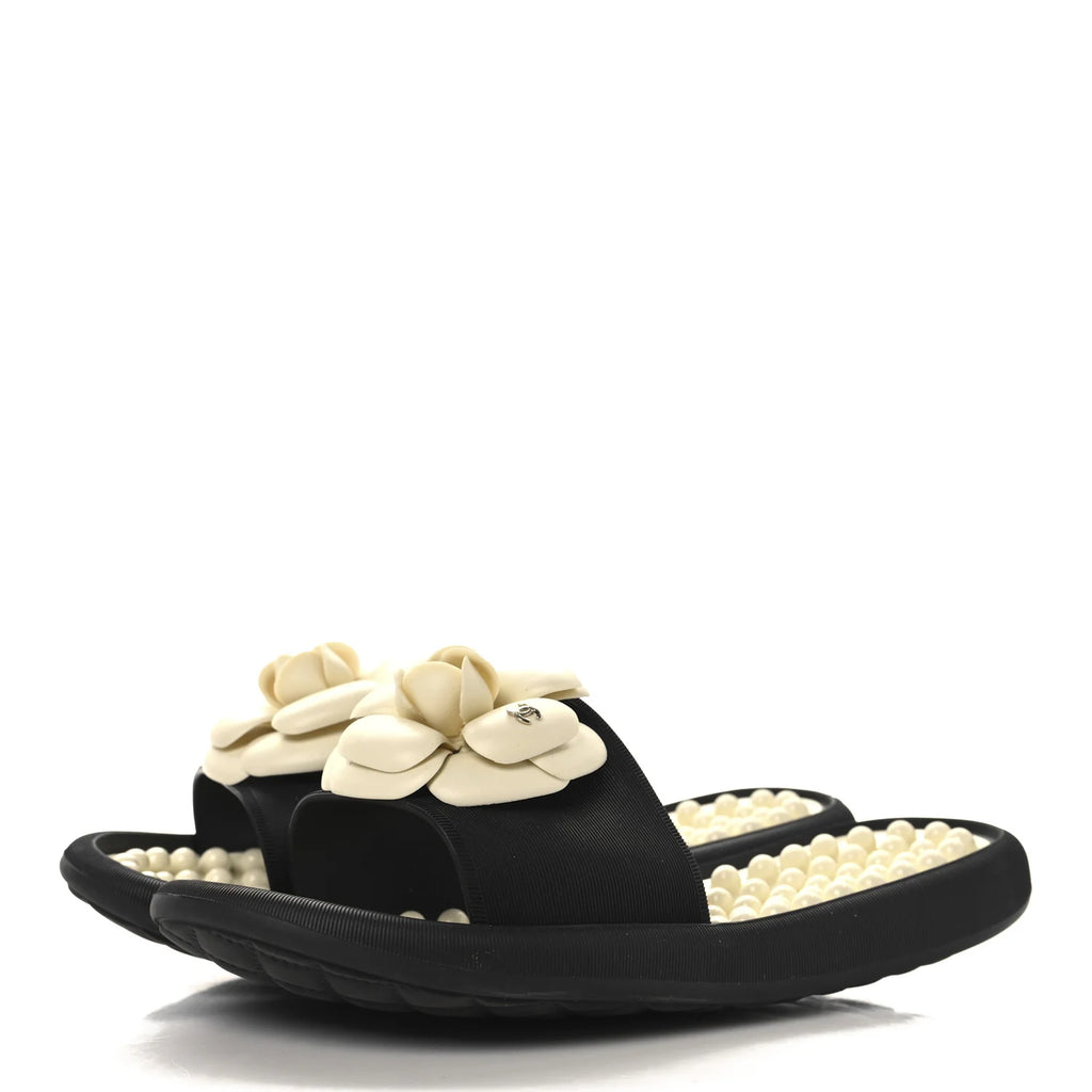 Chanel Black Camellia Flower Slides