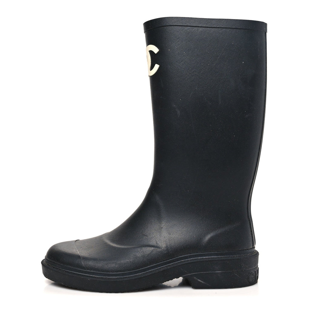 Chanel Black Rubber Rain Boots
