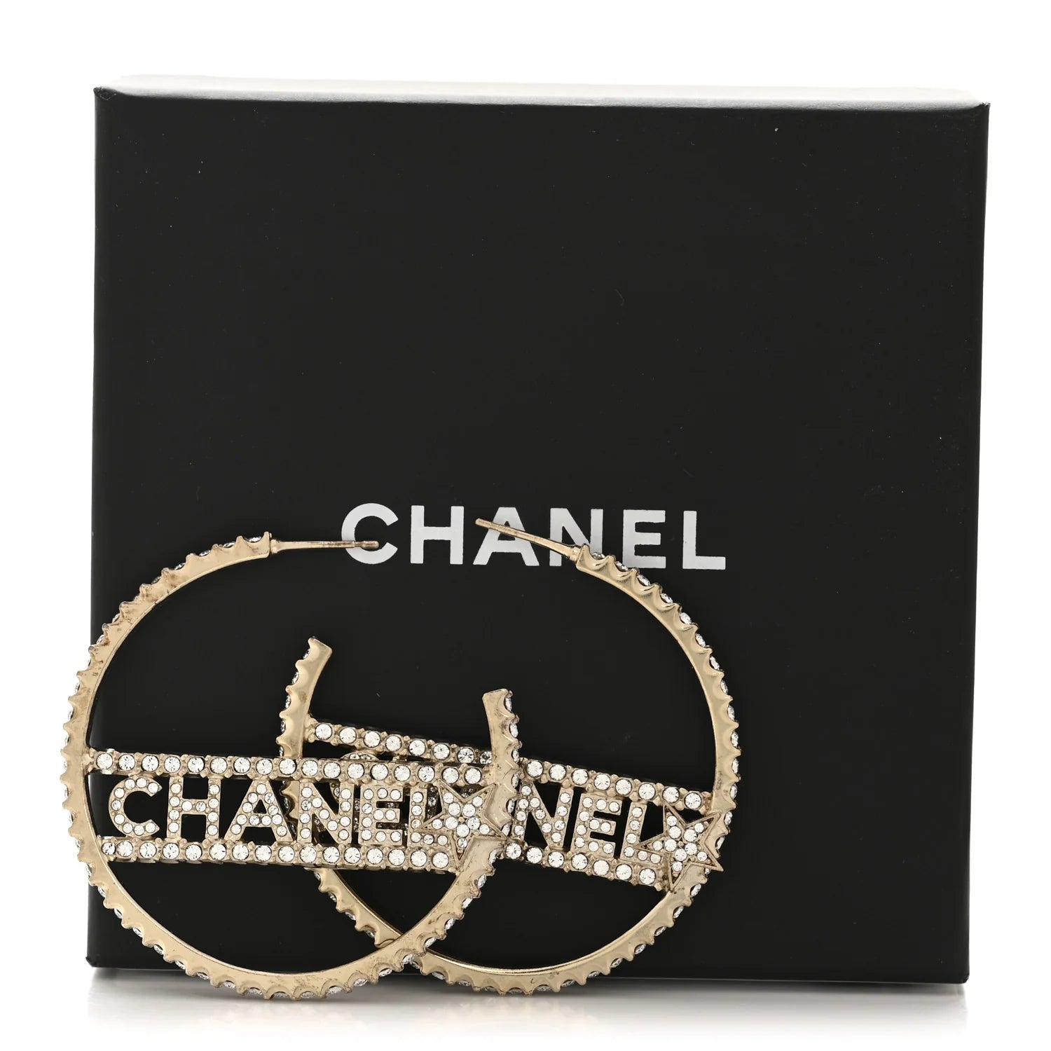 Chanel Gold Crystal Logo Hoops
