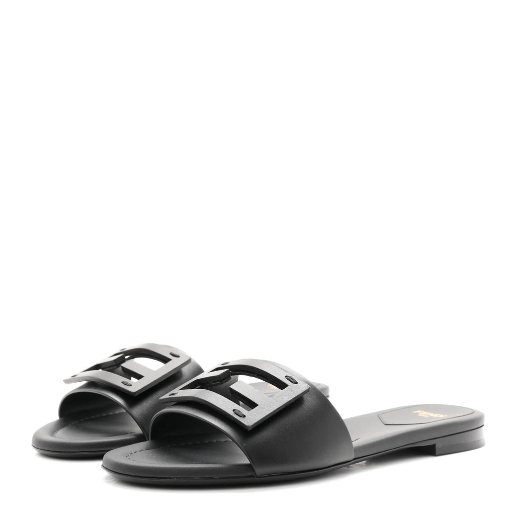 Fendi Black Leather Logo Slides
