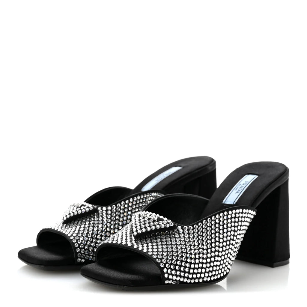 Prada Black Crystal Satin Mules