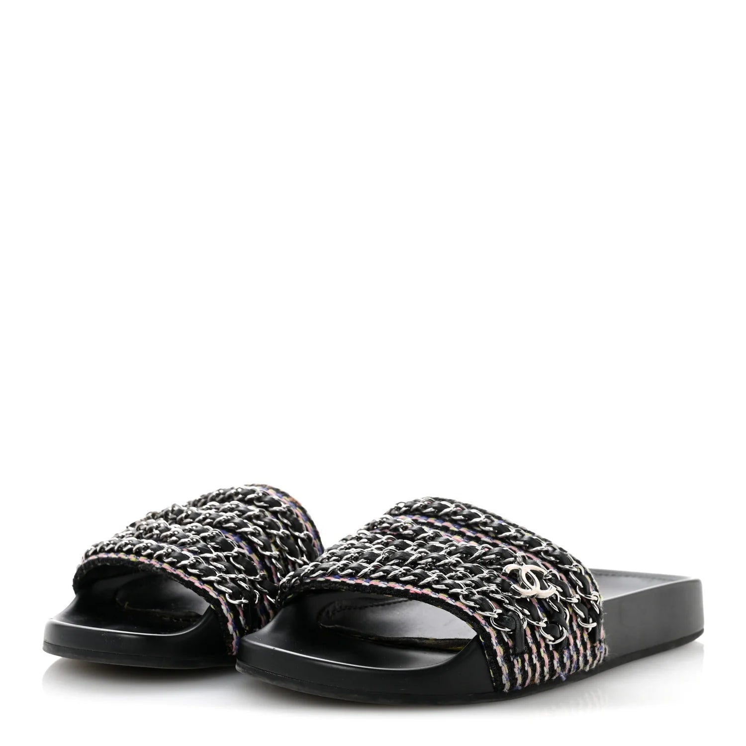 Chanel Multicolor Tweed Chain Slides