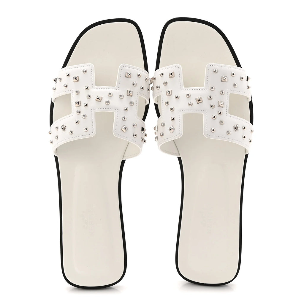 Hermes White Studded Oran Sandals