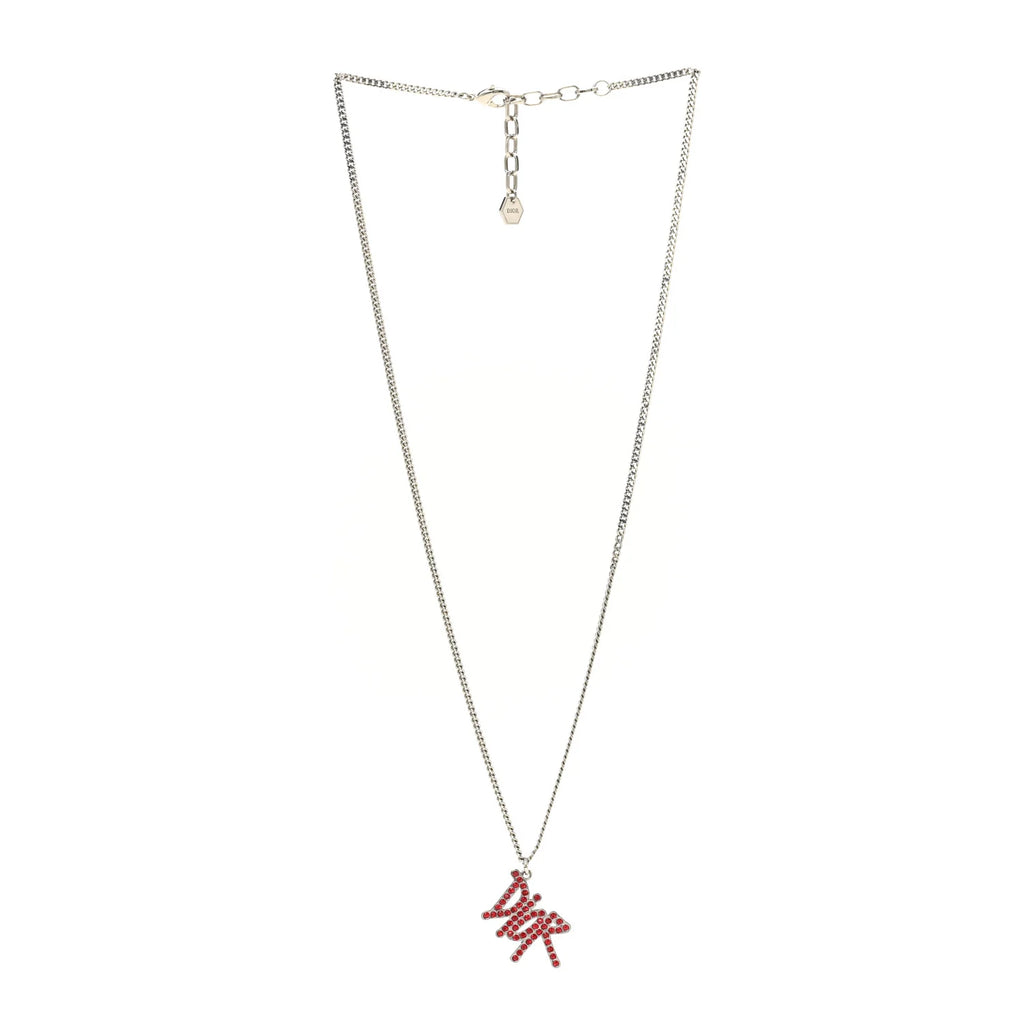 Dior Silver Red Crystal Logo Necklace