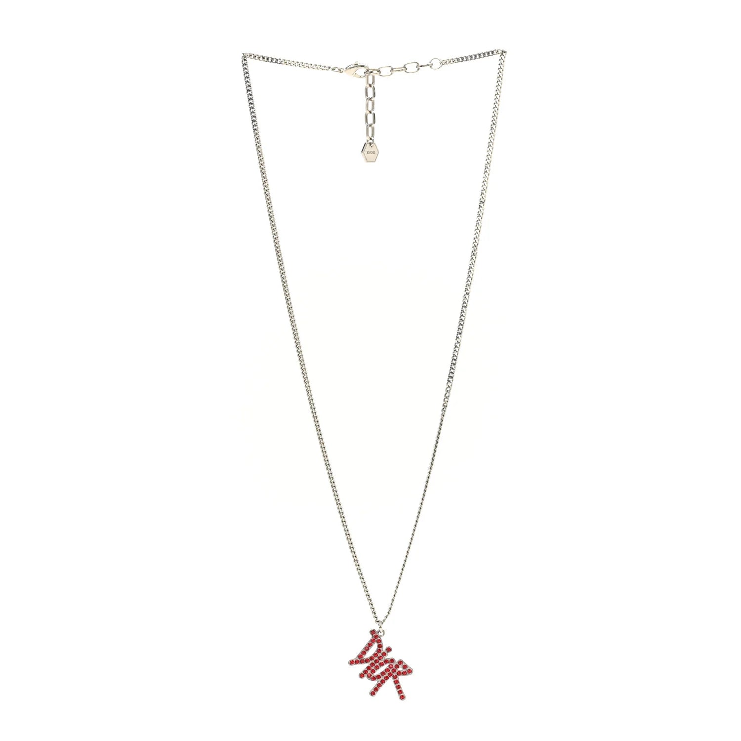 Dior Silver Red Crystal Logo Necklace