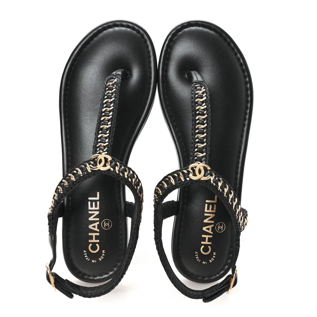 Chanel Black Leather Chain Sandals
