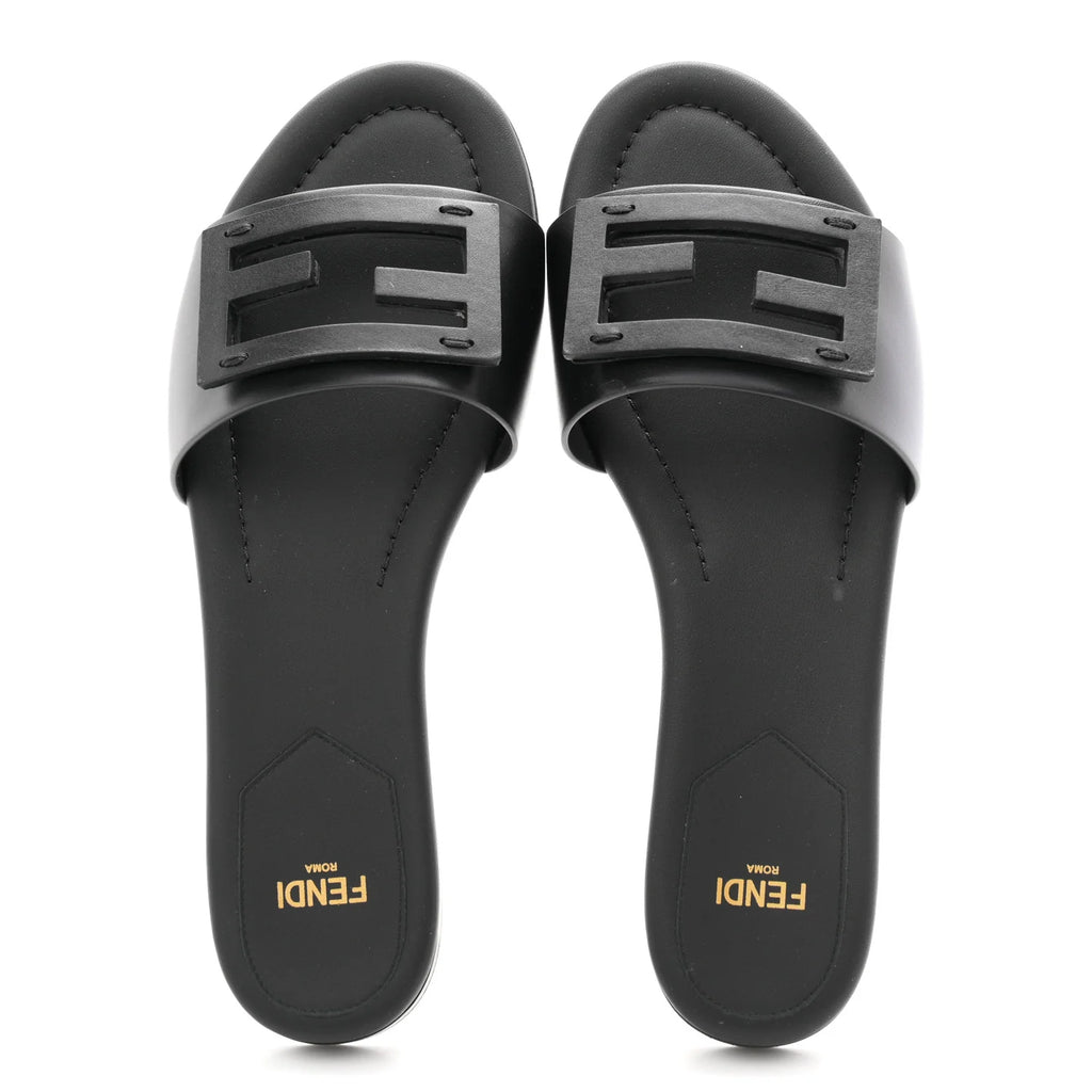 Fendi Black Leather Logo Slides