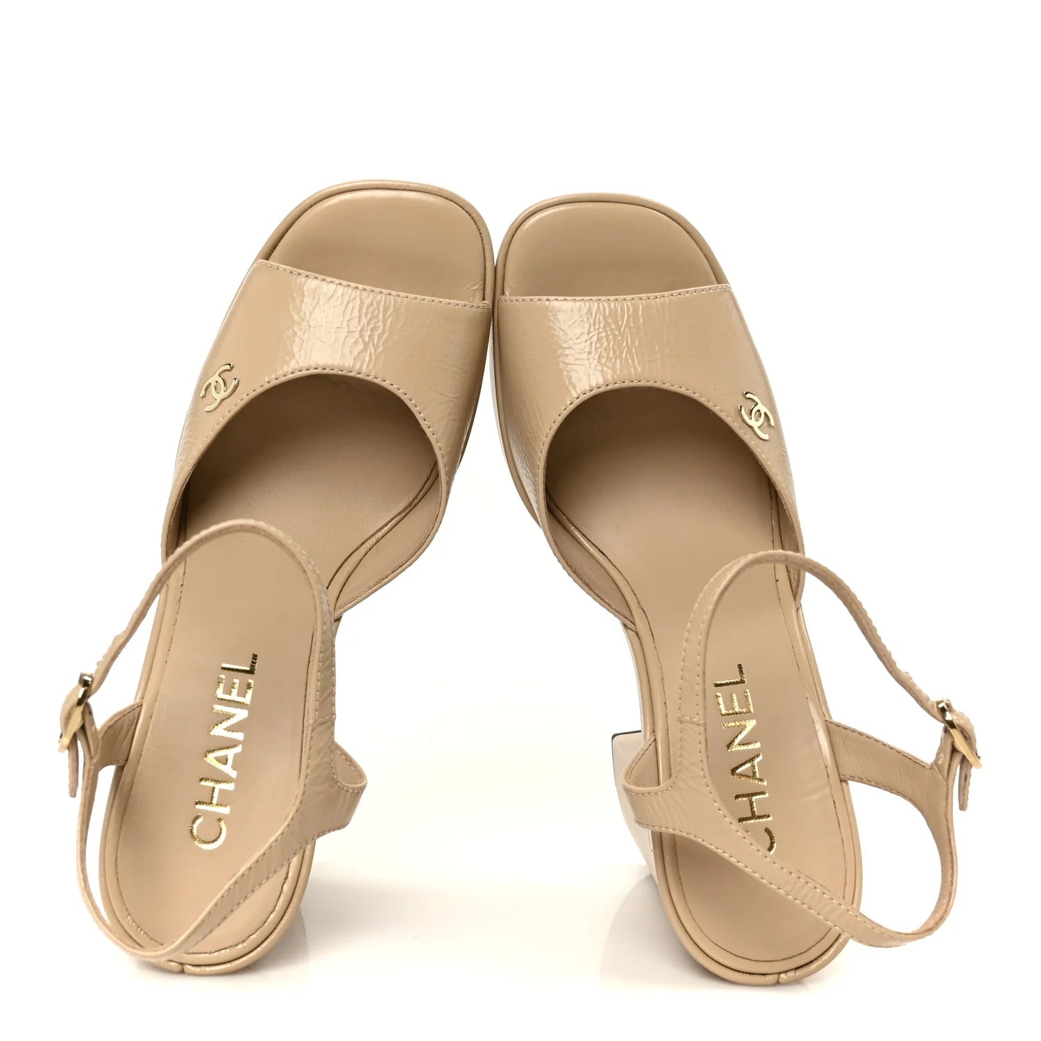 Chanel Beige Patent Platform Sandals