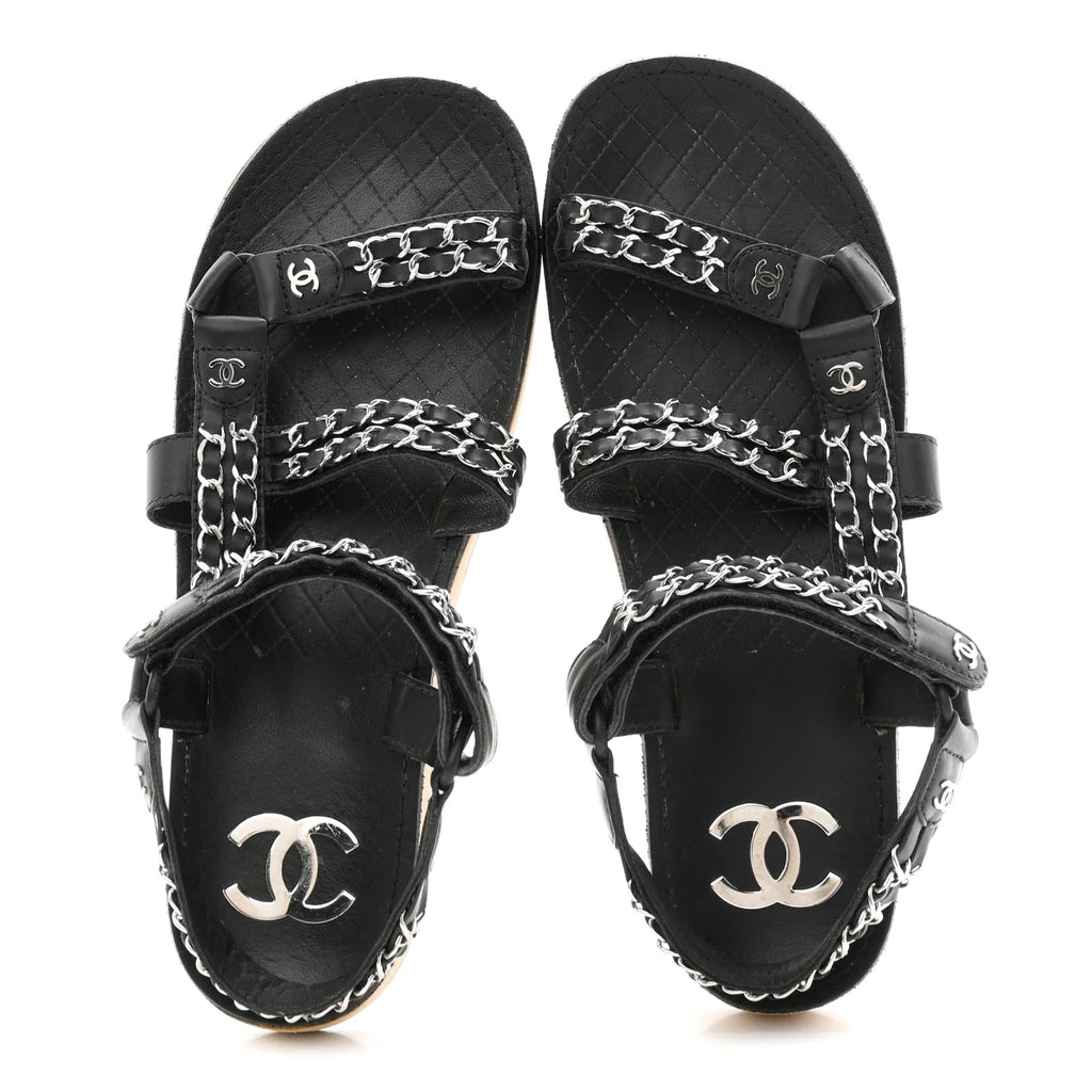 Chanel Black Leather Chain Sandals