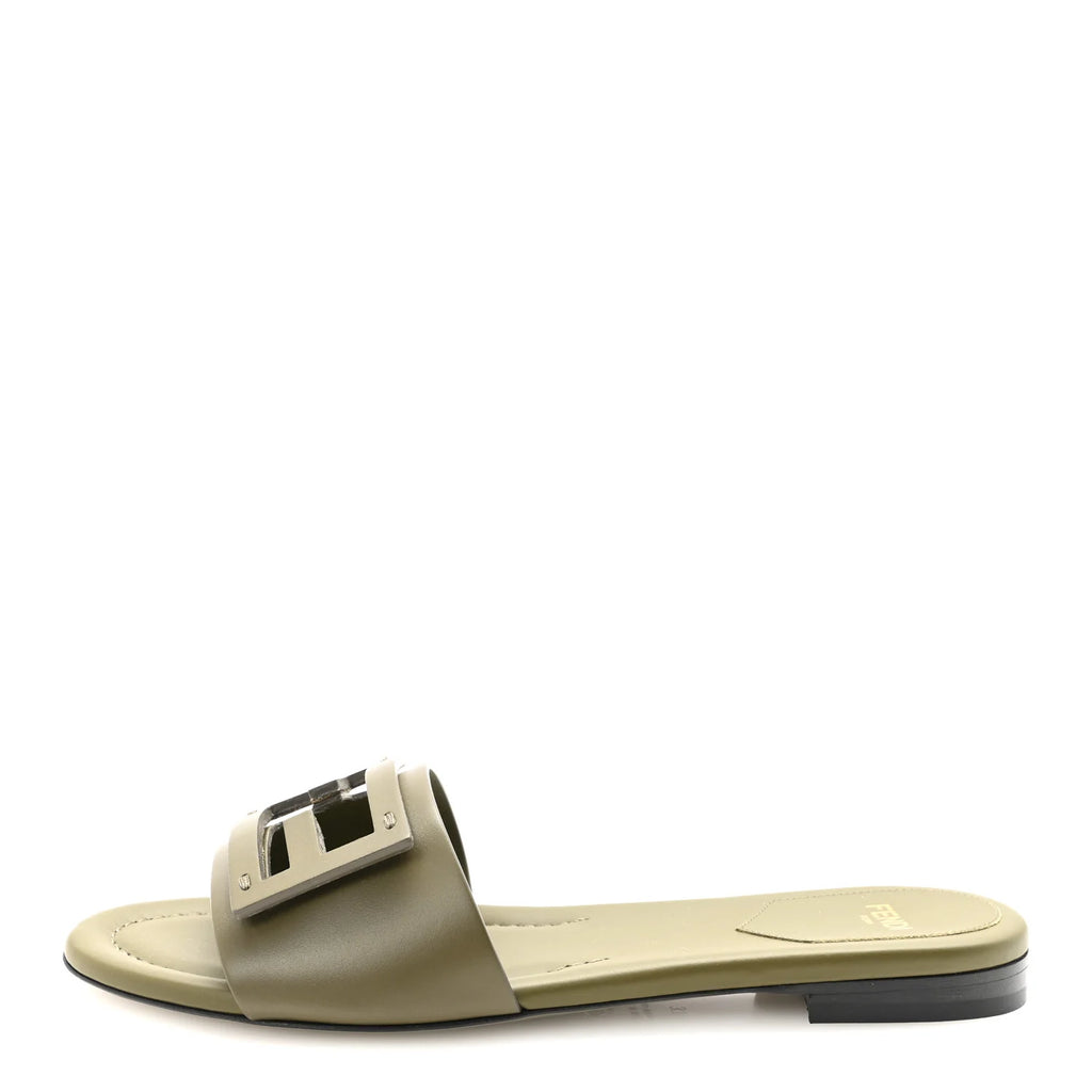Fendi Olive Leather Logo Slides