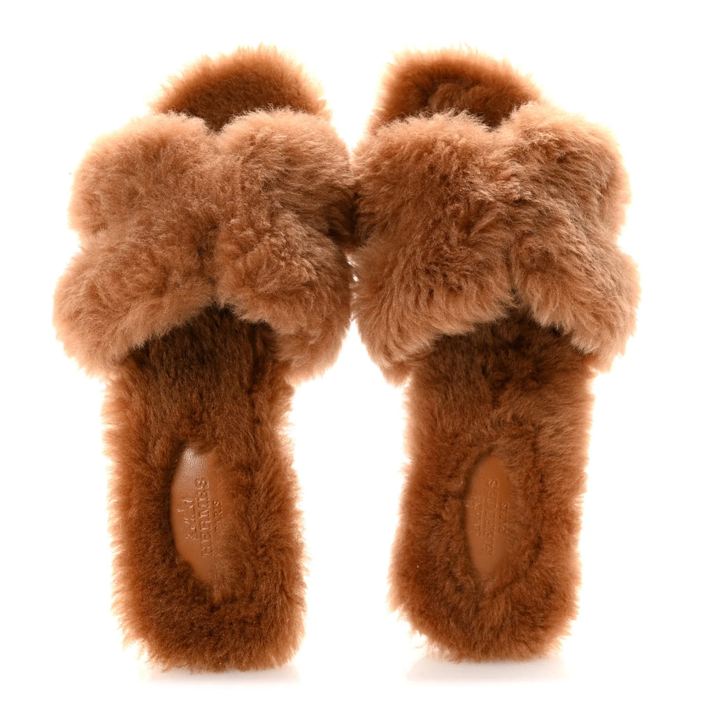 Hermes Tan Shearling Oran Sandals